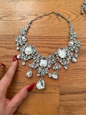 Burlesque Jewelry Set Crystal Statement Necklace Earrings - Silver Tone